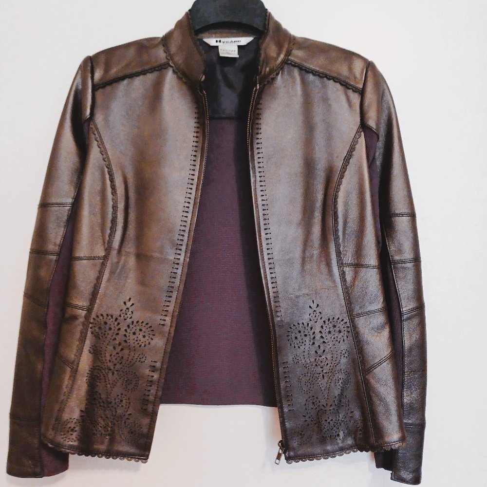 Nygard Collection Vintage Leather-Knit Combo Zip Jacket With Die Cut Detail